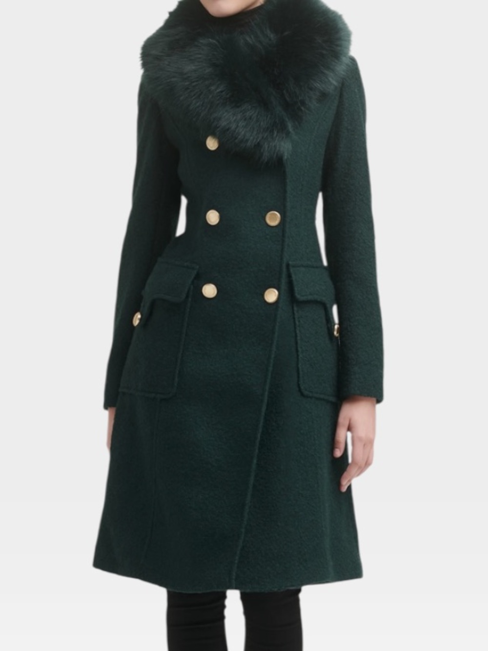 GUESS Removable Faux Fur Collar Wool Blend Double Breasted Walker Coat Green L